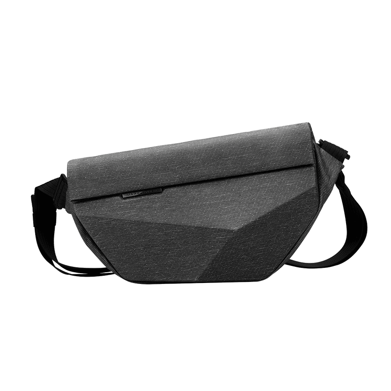 Gray Diamond Facets crossbody bag with textured surface, black straps, large capacity, waterproof scratch-resistant hard case design.
