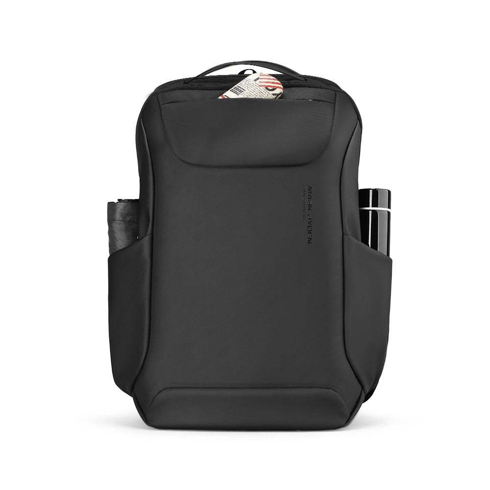 MarkRyden stylish black waterproof leather backpack w/USB port & multiple compartments