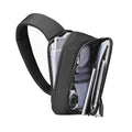MarkRyden black waterproof crossbody bag with tablet, camera, and pens