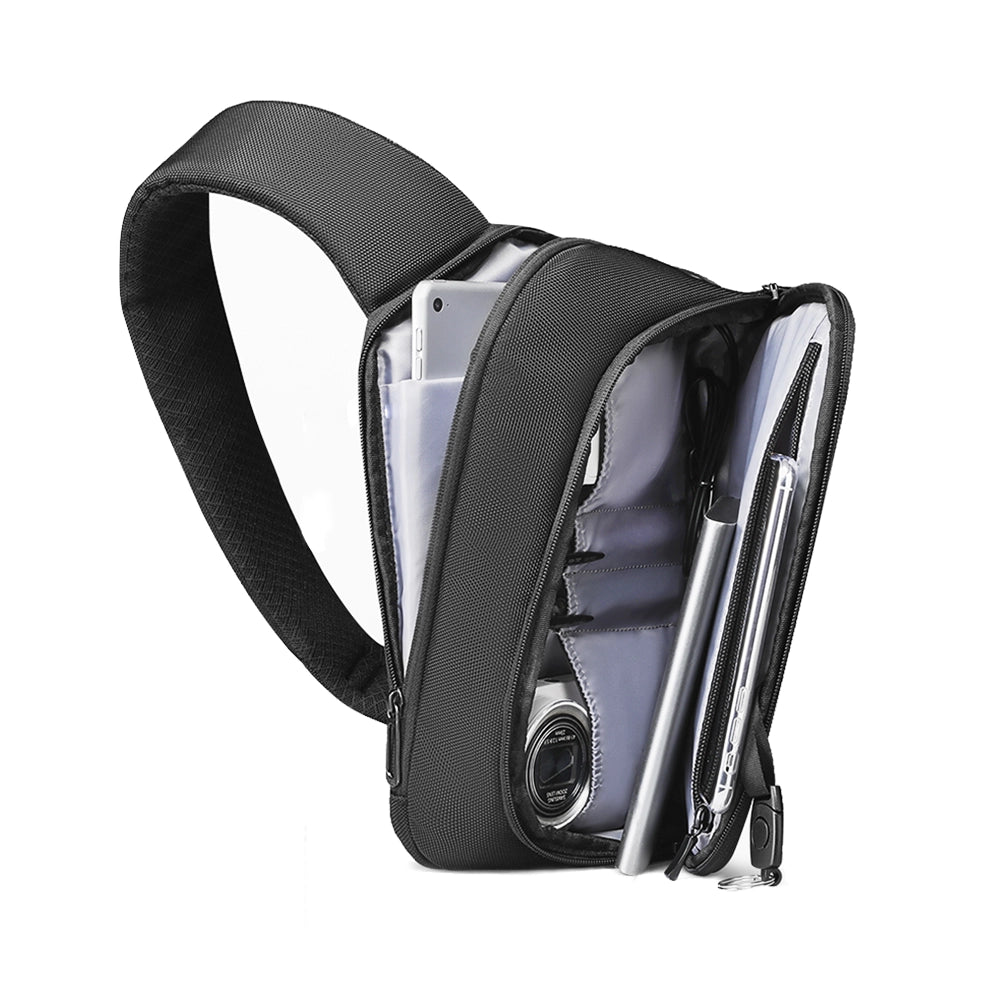 MarkRyden black waterproof crossbody bag with tablet, camera, and pens