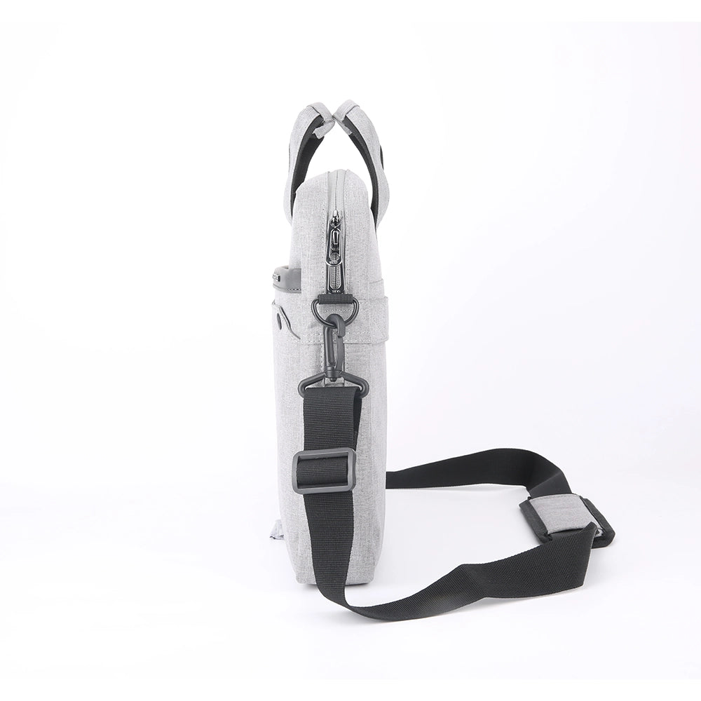 Side view of MarkRyden Classic I Tech Commuter Computer Briefcase 14/15.6 inch in Gray with black shoulder strap, zippered compartments, and dual handles.