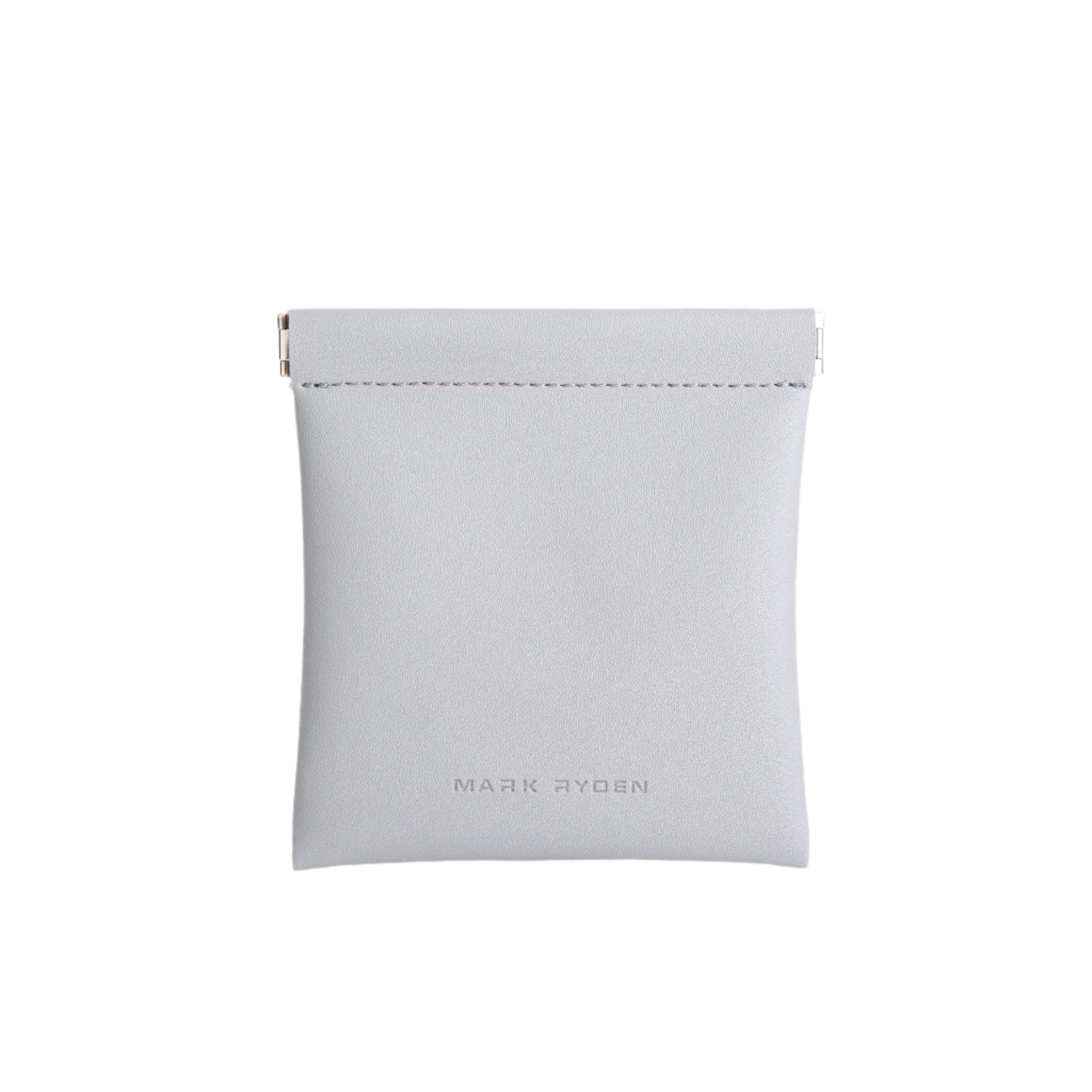 Light gray MarkRyden coin pouch: smooth faux leather, secure metal clasp flap, compact design for effortless valuables carry.