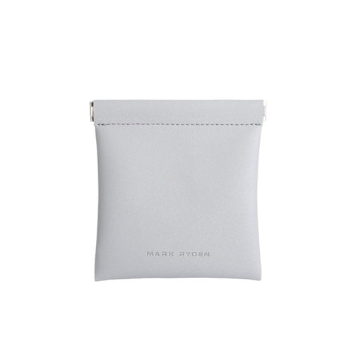 Light gray MarkRyden coin pouch: smooth faux leather, secure metal clasp flap, compact design for effortless valuables carry.