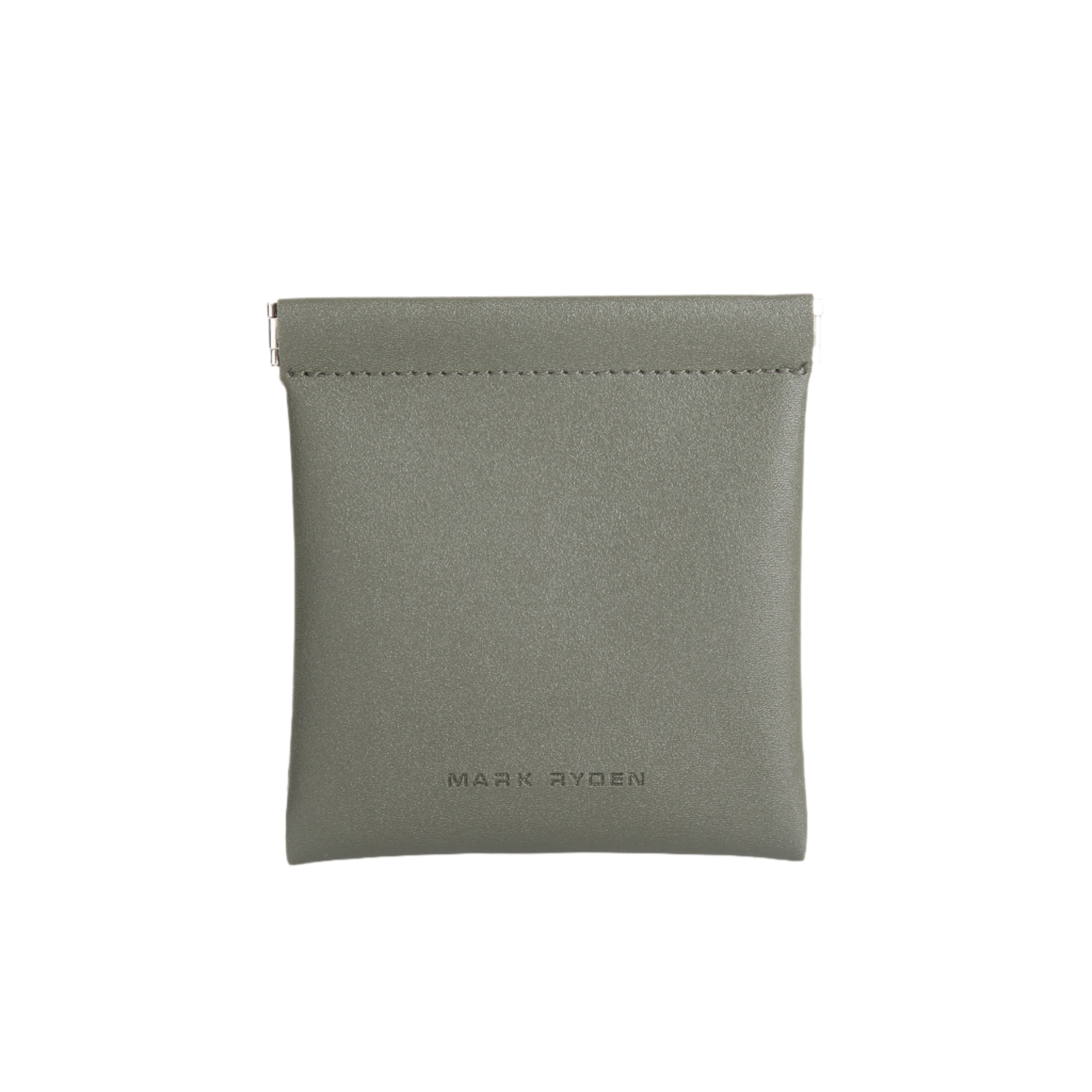 Mark Ryden gray faux leather coin pouch with secure top clasp, compact design for effortless, secure carry of coins and small valuables.