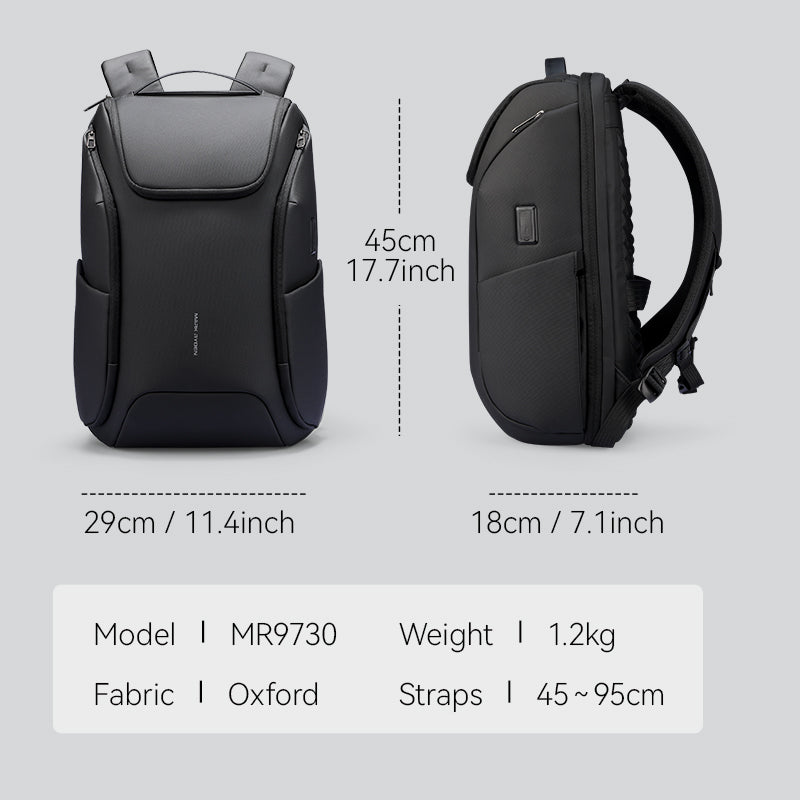 Black waterproof travel backpack with built-in USB, showing front and side views, dimensions 45cm x 29cm x 18cm, Oxford fabric, adjustable straps 45-95cm, model MR9730.
