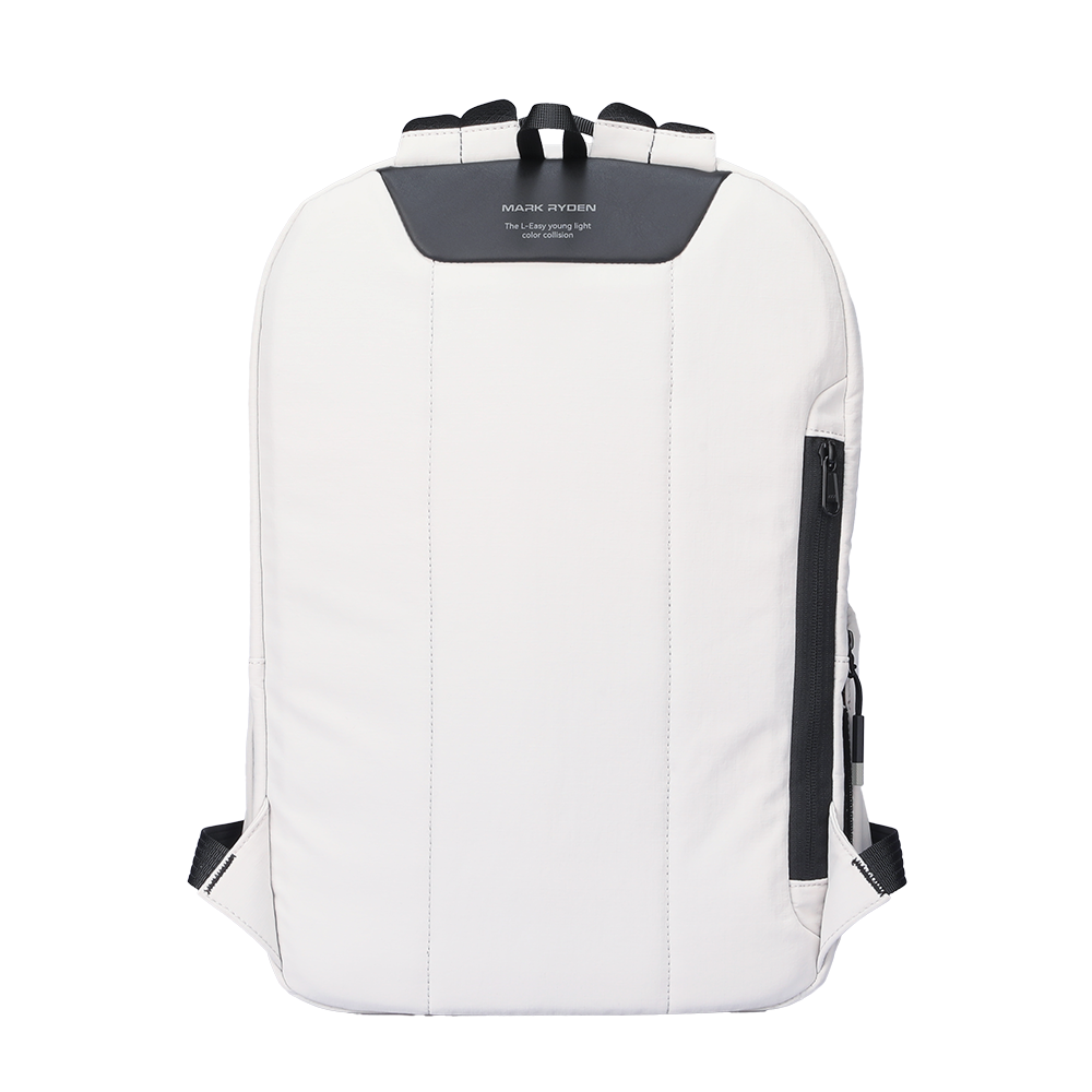 White ultra-light backpack with black top panel, zippered side pocket, and top handle from MARKRYDEN Summer Mist collection for cool adventures.