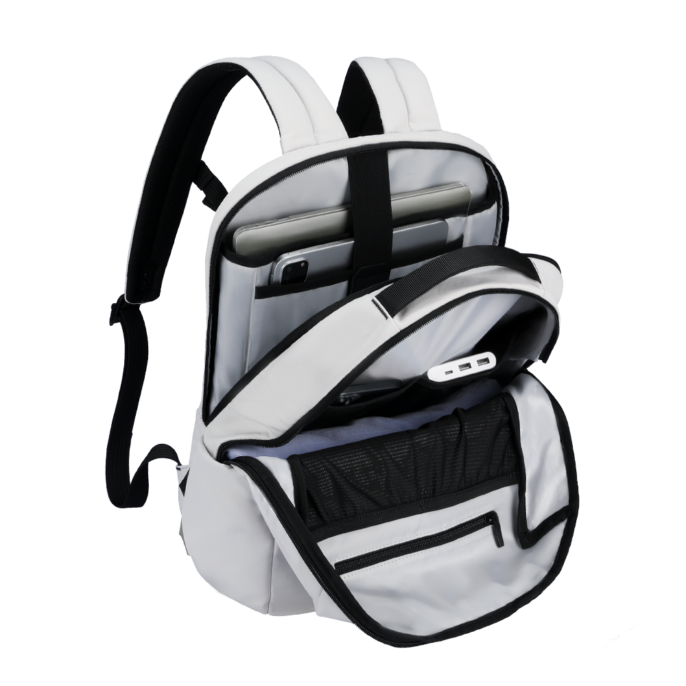 White and black Summer Mist cool ultra-light backpack with open main compartment, internal laptop and phone pockets, USB charging port, and mesh storage—ideal for summer adventures.
