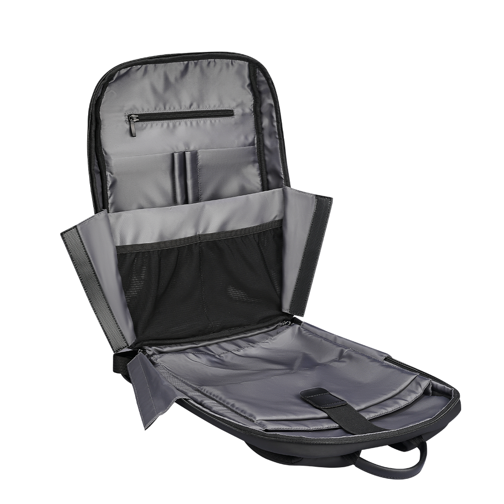 Voyager Pro lightweight commuter backpack with black exterior and open interior showing gray lining, zippered pocket, mesh compartment, and spacious main section.