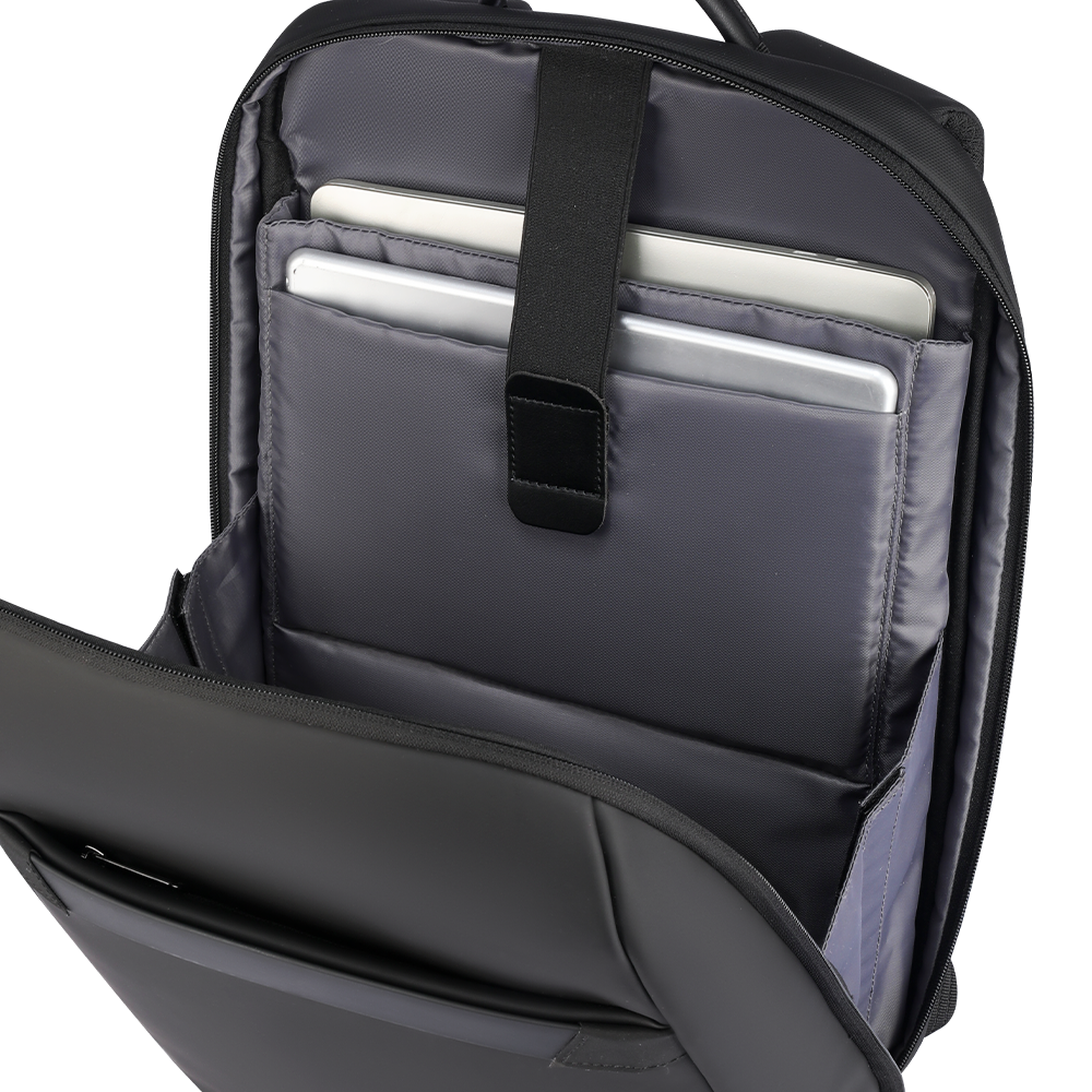 Voyager Pro lightweight commuter backpack interior with padded compartments holding tablets, black exterior and gray interior, small footprint
