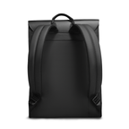 Back view of black Oxford fabric backpack featuring padded shoulder straps, top handle, and structured design for school and business use.