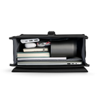 MUKE I School Style Classic Business Work Black Oxford Backpack interior with laptop, stacked notebooks, power bank, AirPods case, and water bottle, showcasing spacious organization.