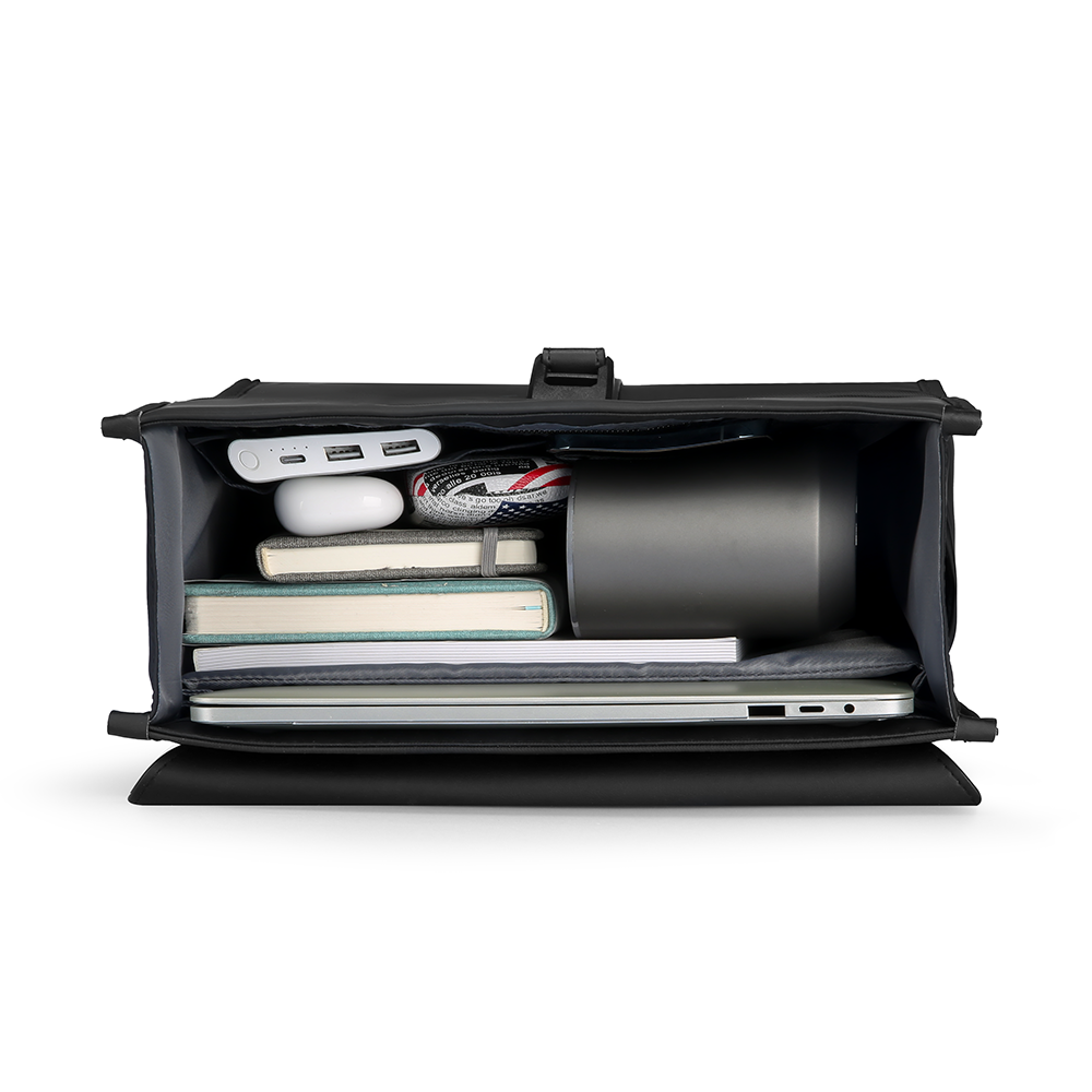 MUKE I School Style Classic Business Work Black Oxford Backpack interior with laptop, stacked notebooks, power bank, AirPods case, and water bottle, showcasing spacious organization.