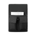 Black Zoll Rolltop backpack with rolltop closure, two front flap pockets with snap buttons, and zippered pocket holding white documents, designed for daily commute.