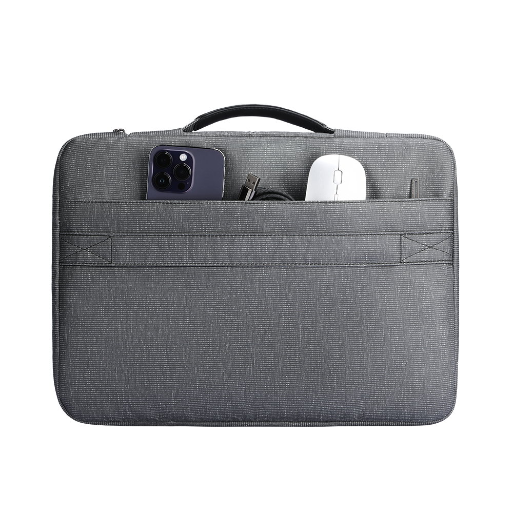 MarkRyden gray textured laptop case with front pocket holding smartphone, wireless mouse, charging cable