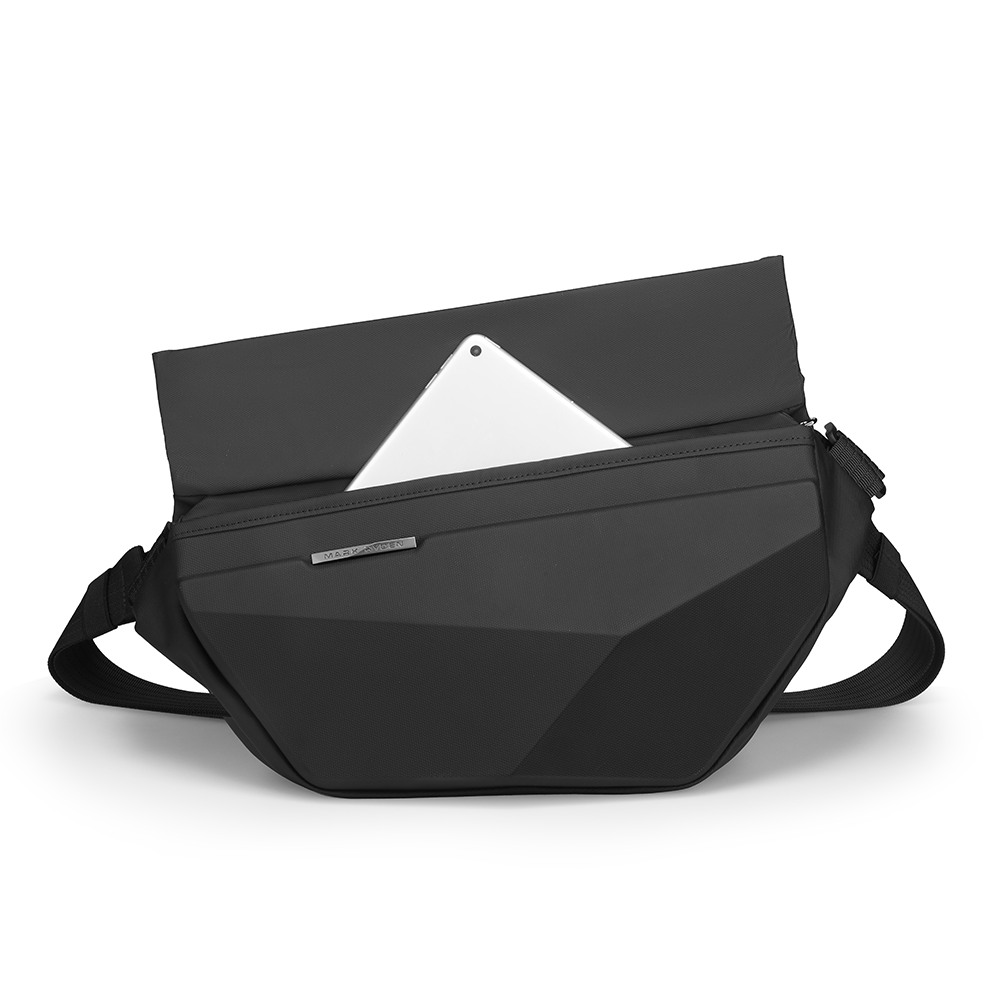 Black Diamond Facets crossbody bag with geometric faceted design, hard case, scratch-resistant material, large capacity, waterproof, and tablet in front pocket.
