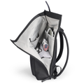 Trendy black leather casual backpack with multilayer storage, open to display gray interior compartments holding laptop, small flag-patterned bag, and accessories.