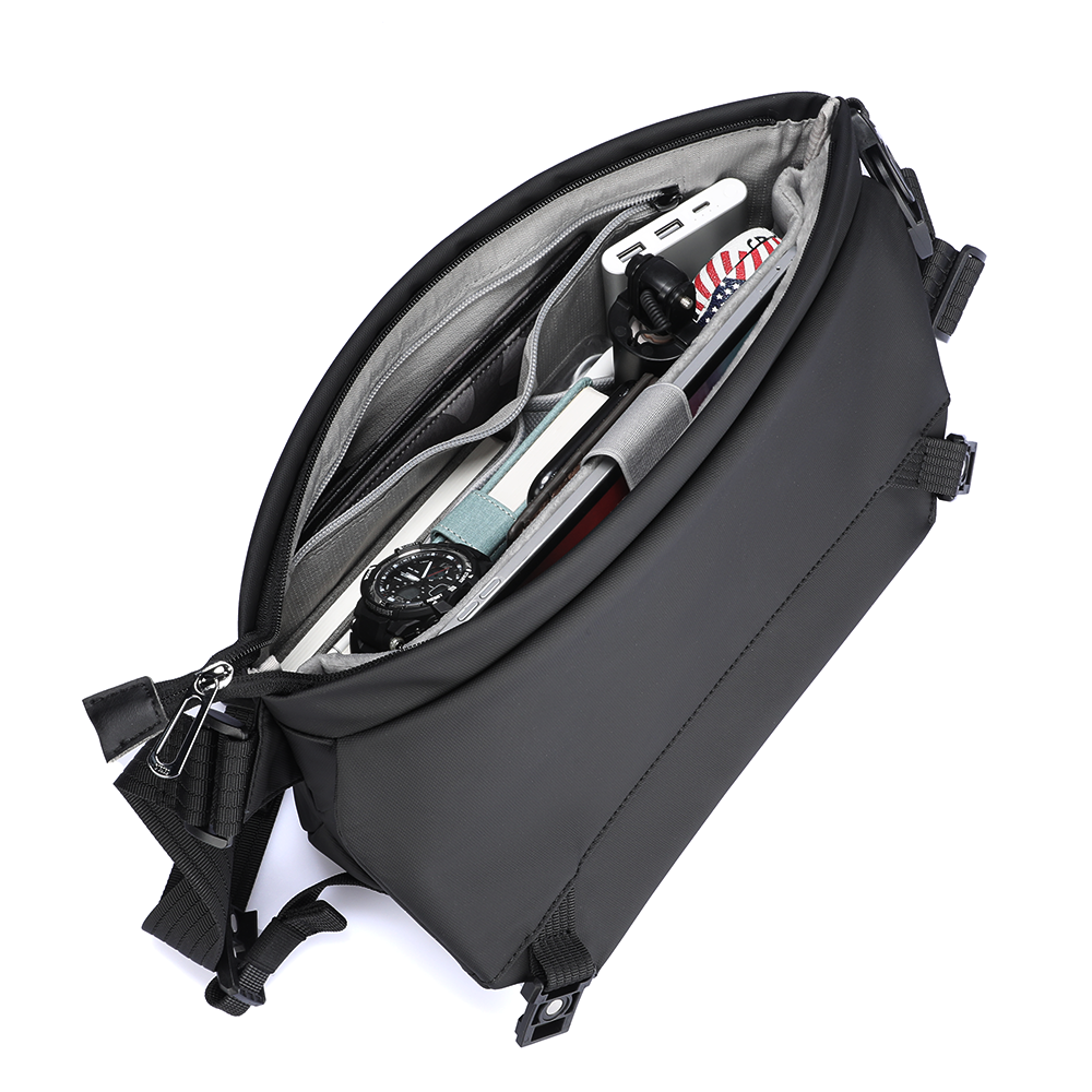 MARKRYDEN black anti-theft messenger bag with organized interior for modern travelers