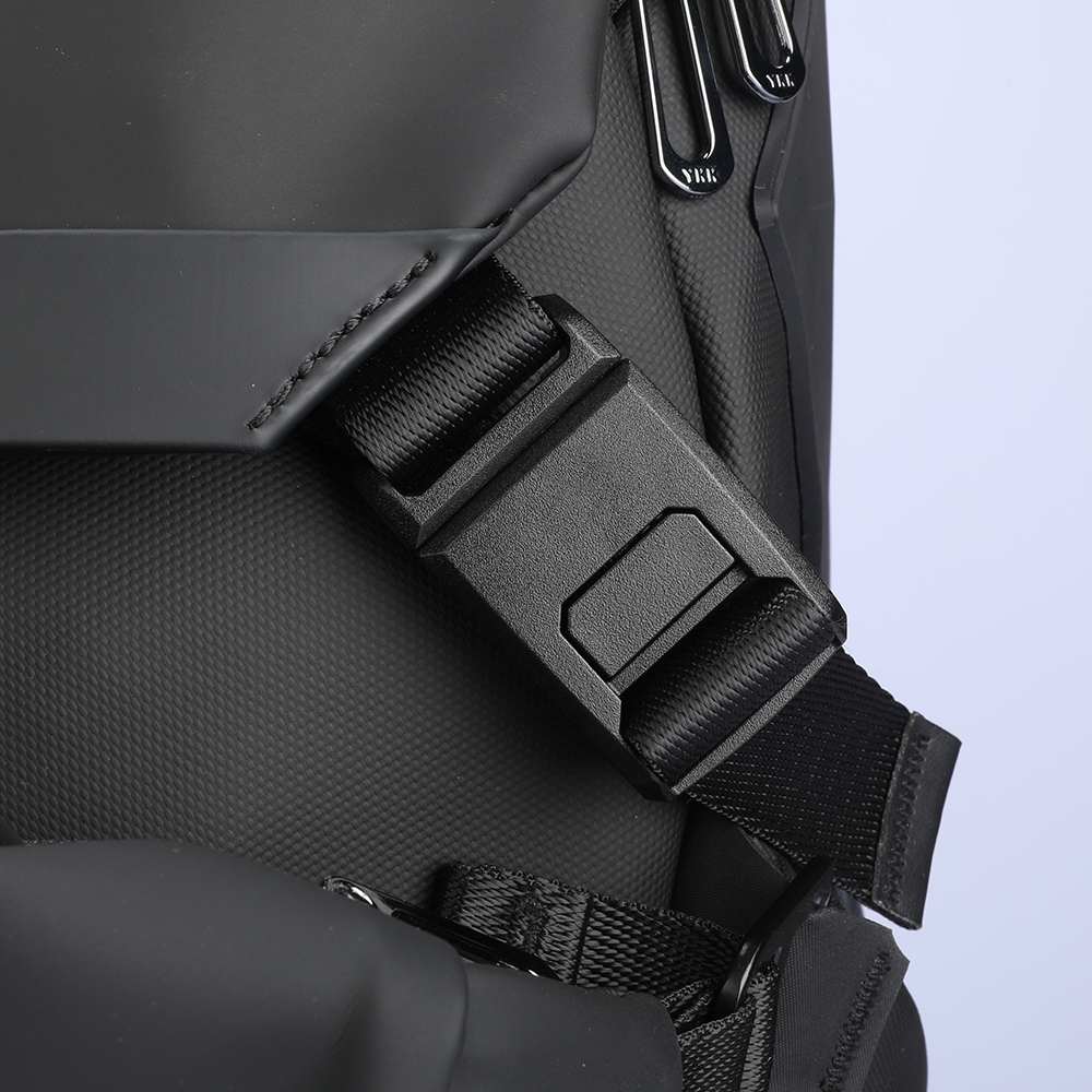 MarkRyden black backpack strap with secure buckle detail