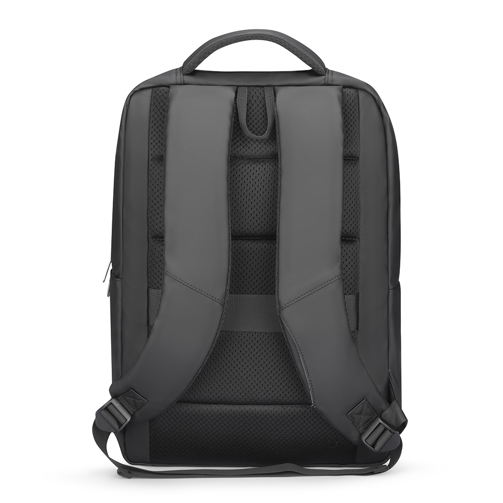 Back view of black UNBURDENED LIGHT business laptop backpack with padded straps, breathable mesh back panel, and top handle for 15.6 inch laptops