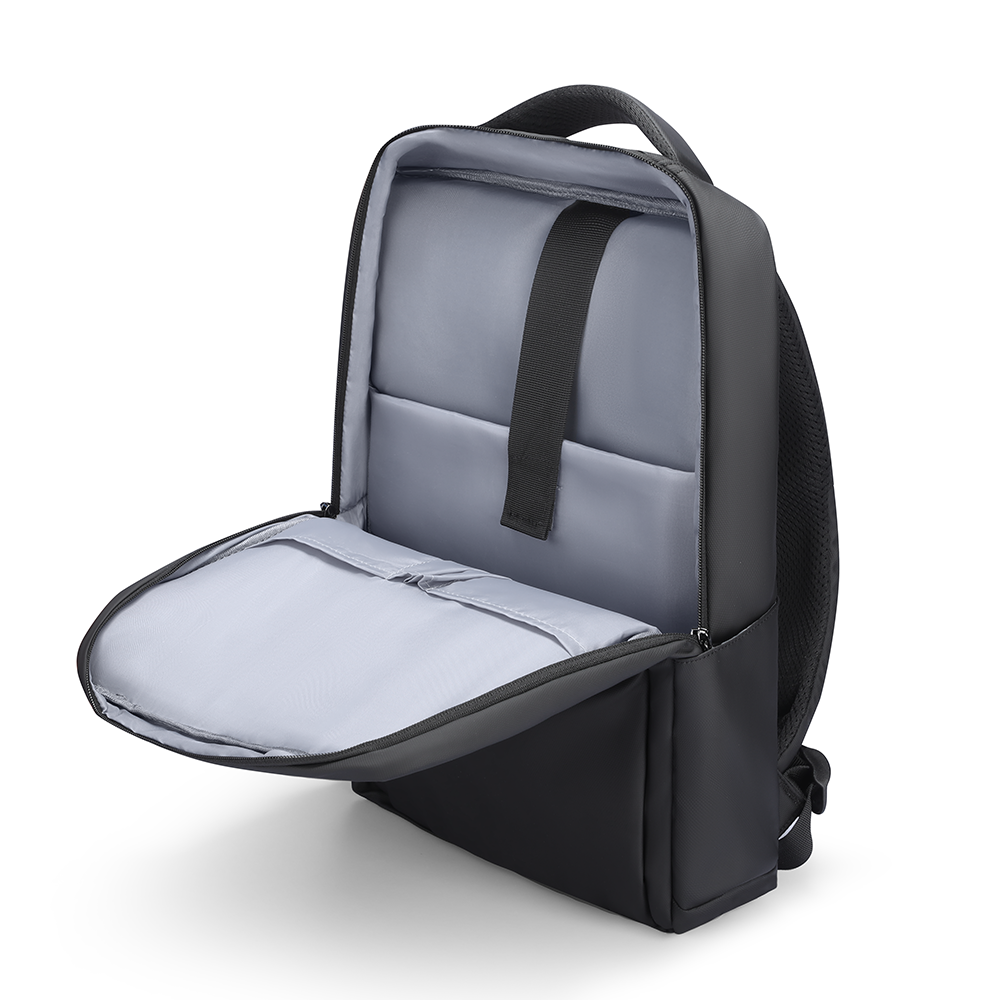 Black UNBURDENED LIGHT business multi-layer 15.6 inch laptop backpack with open main compartment showing padded laptop sleeve and organized compartments.