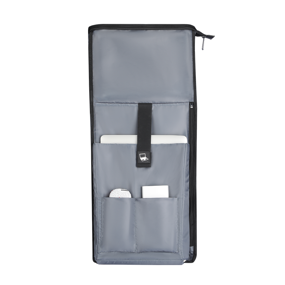 Switch Large Capacity Daily Business Travel Multifunctional Backpack 29L interior with gray lining, black trim, laptop compartment, and multiple pockets holding a notebook and small device.