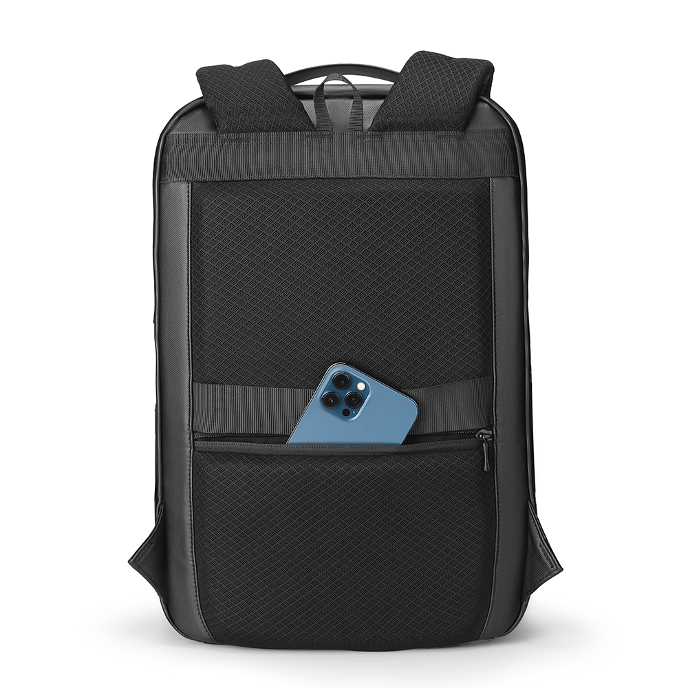 MarkRyden GuardianShell secure hardshell backpack with front pocket holding phone