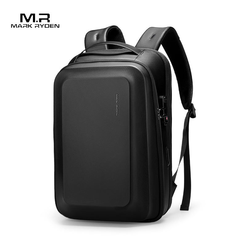 Mark Ryden black hardshell secure backpack with M.R. logo - modern travel essential
