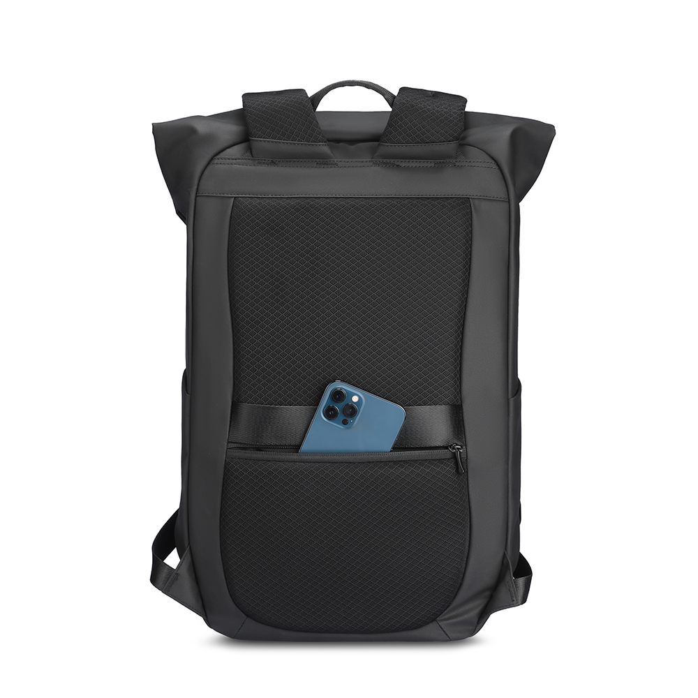 Black 28L multi-functional backpack with 180° closure, mesh back panel, and zippered pocket holding a blue smartphone.
