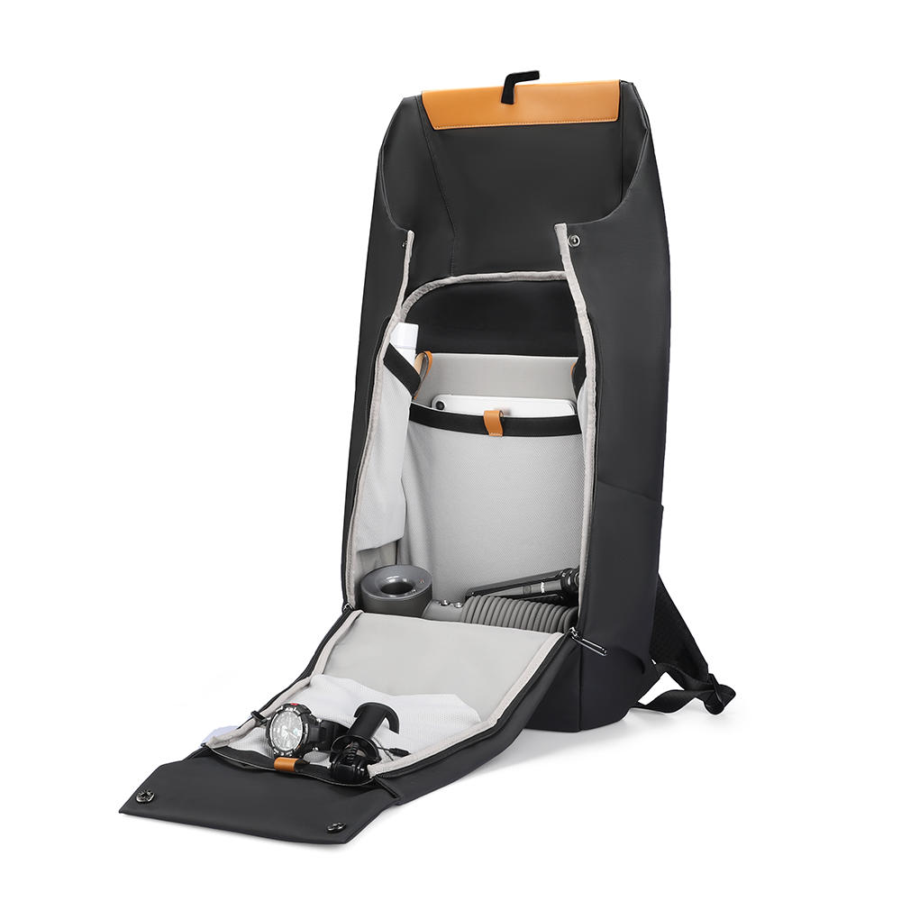 Black 28L switchable multi-functional backpack with tan accents, 180° open main compartment showing laptop, watch, and organized storage for travel essentials.
