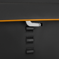 Close-up of black backpack with yellow trim, metal clasp, and three leather loops; 180° closure, large capacity, multi-functional 28L design.