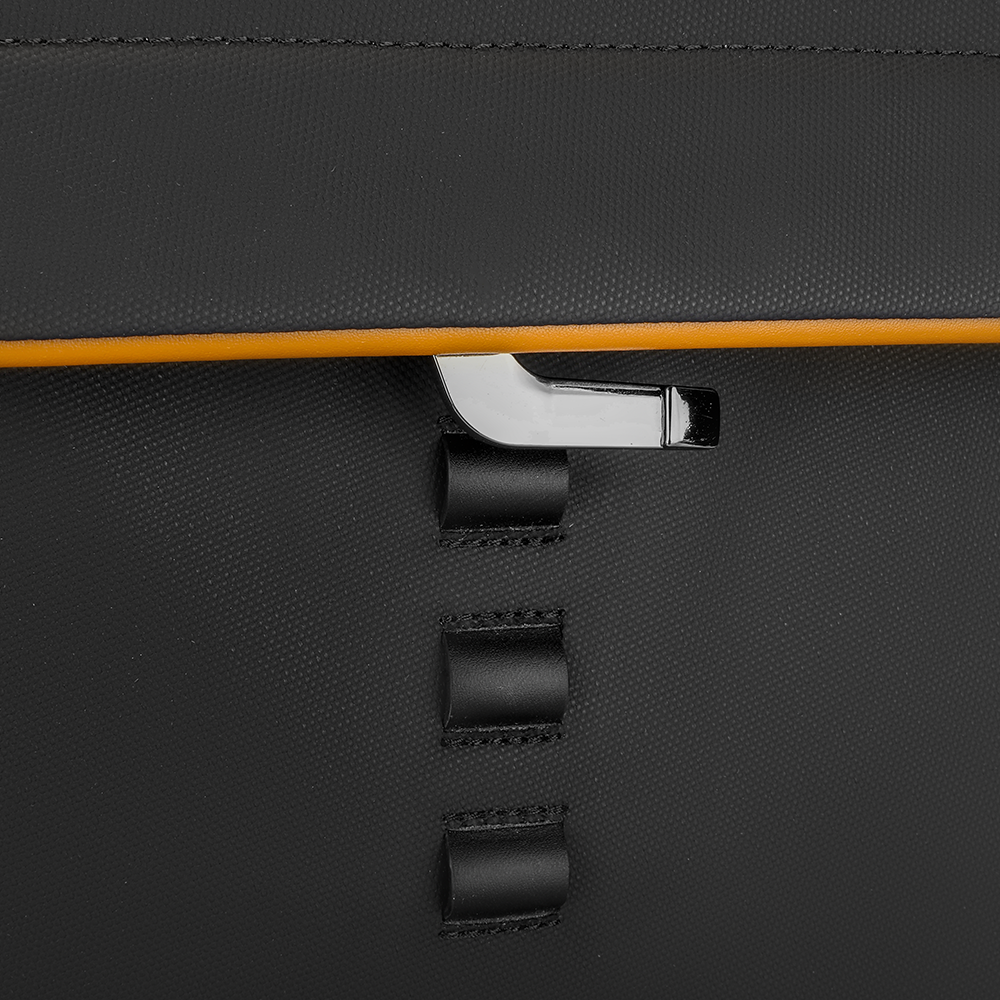 Close-up of black backpack with yellow trim, metal clasp, and three leather loops; 180° closure, large capacity, multi-functional 28L design.