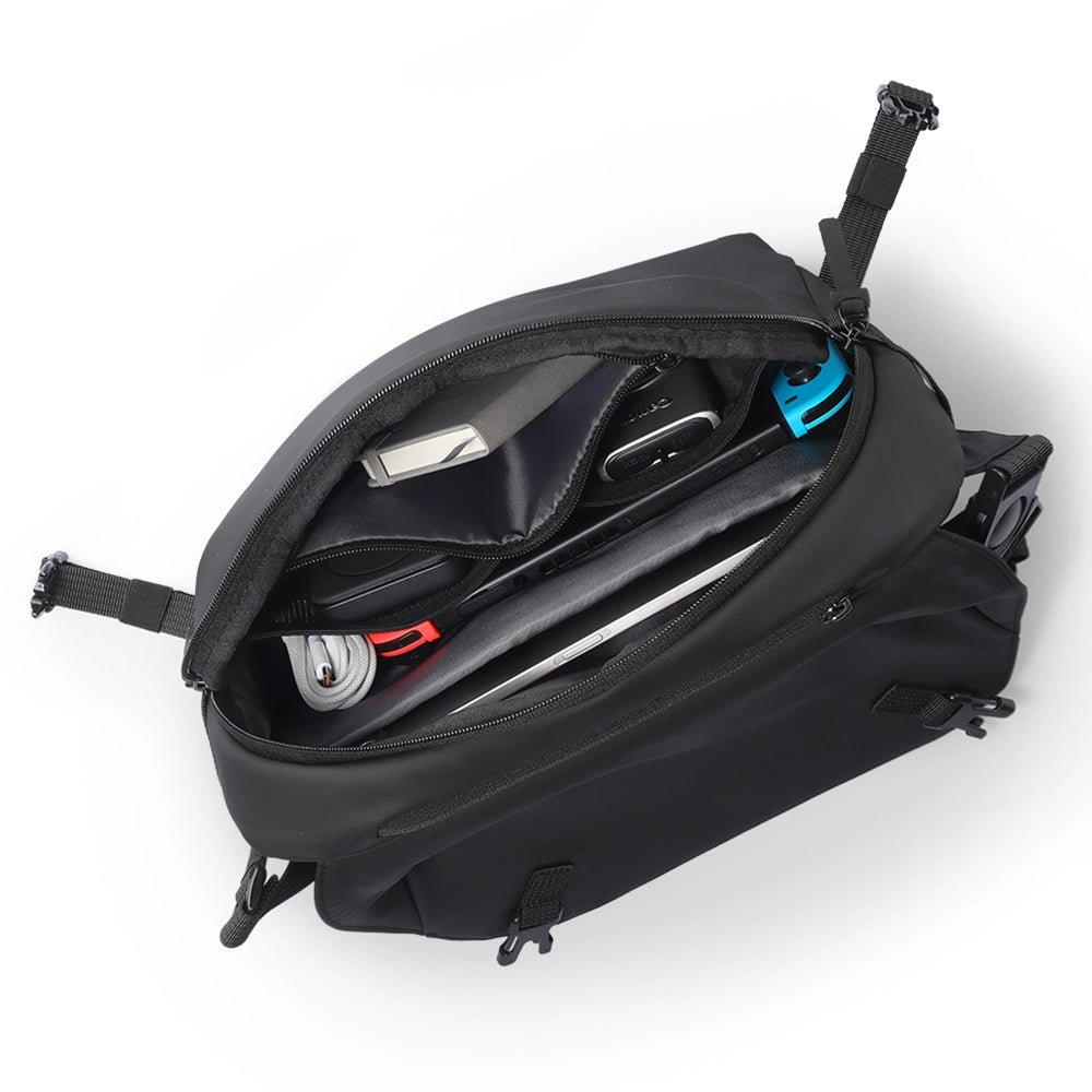 MARKRYDEN black waterproof switch sling bag for urban gamers, spacious interior