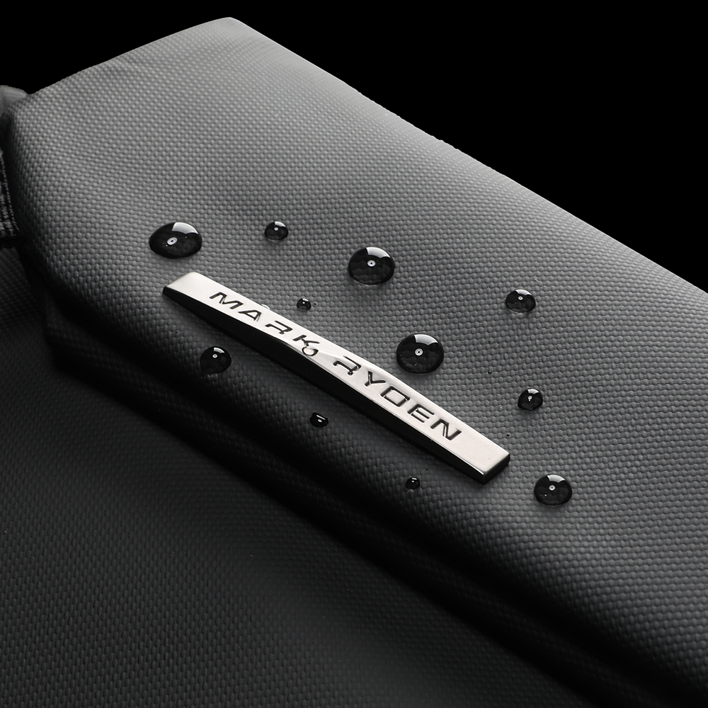 Mark Ryden black waterproof leather messenger bag with water droplets