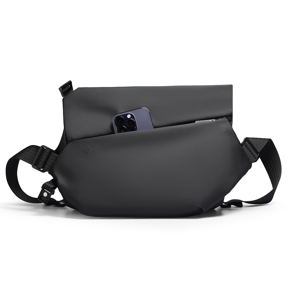 MarkRyden black leather waterproof scratch-resistant messenger bag with phone pocket