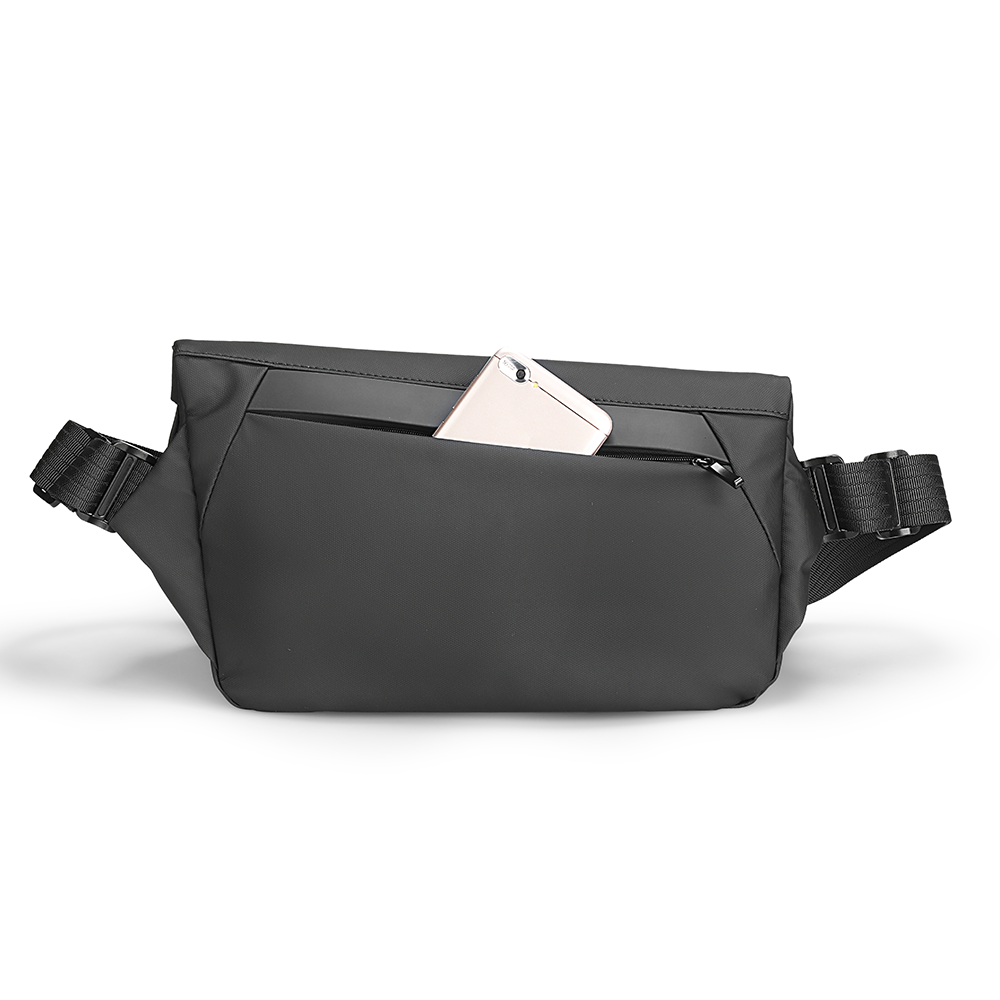 Markryden black leather waterproof scratch-resistant messenger bag with front pocket holding phone