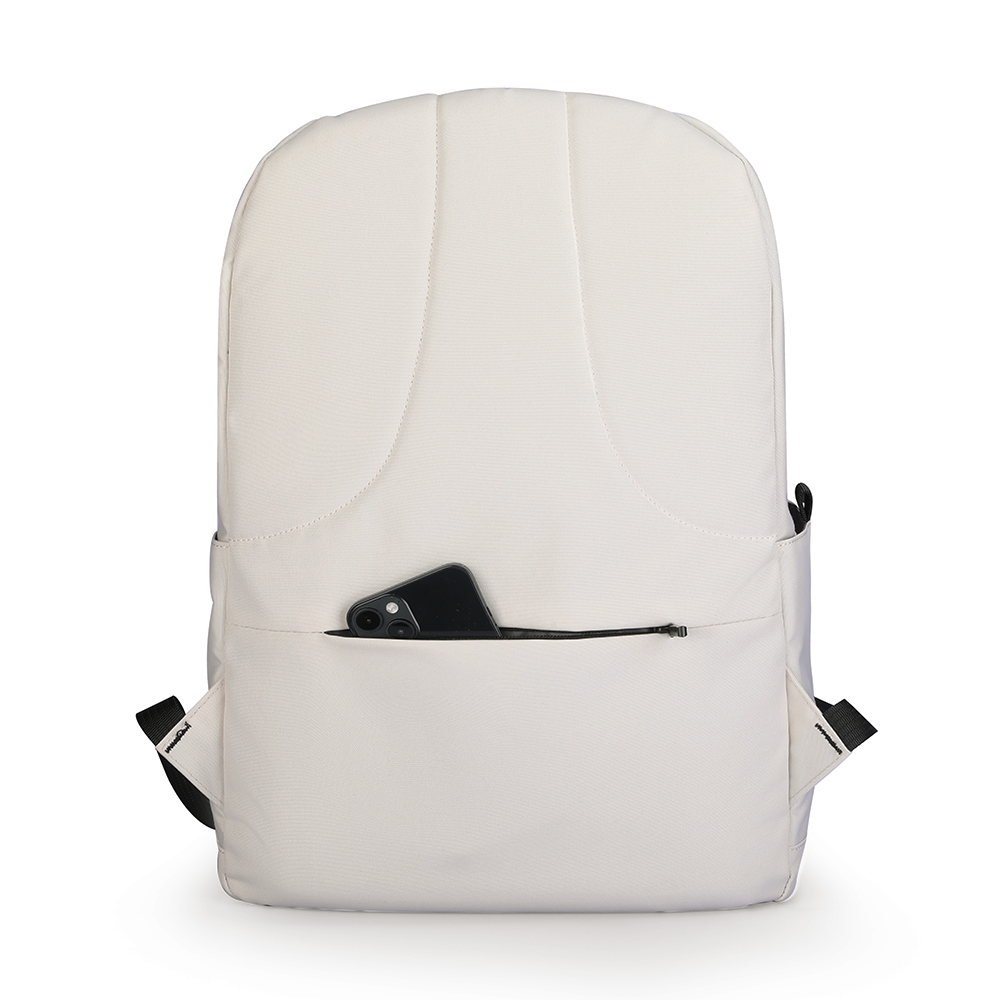 Anti-theft white MarkRyden DuoHuePack backpack with front zip pocket holding phone