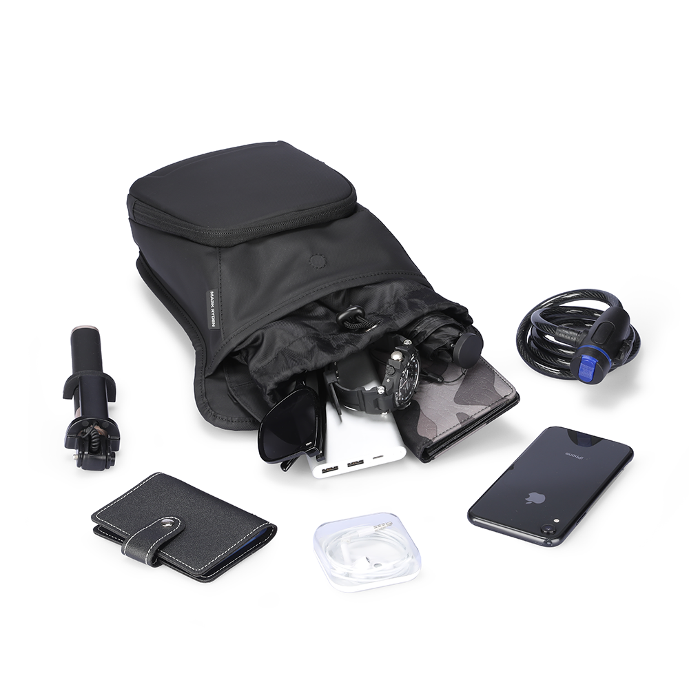 Black leather waterproof anti-scratch multifunctional crossbody bag with adjustable switching mode straps, open to reveal internal compartments holding watch, sunglasses, power bank, and other travel essentials.