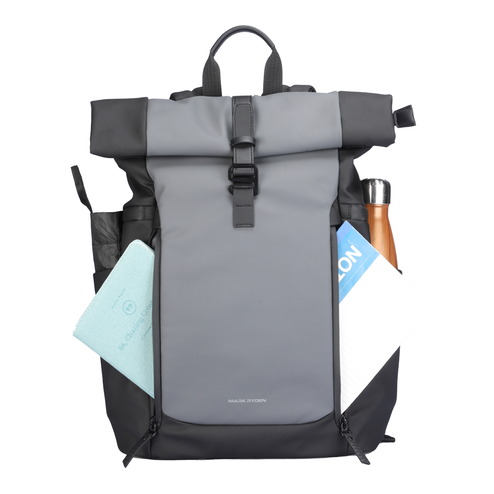 Mark Ryden DynaPack sleek gray/black multi-compartment laptop bag with roll-top closure