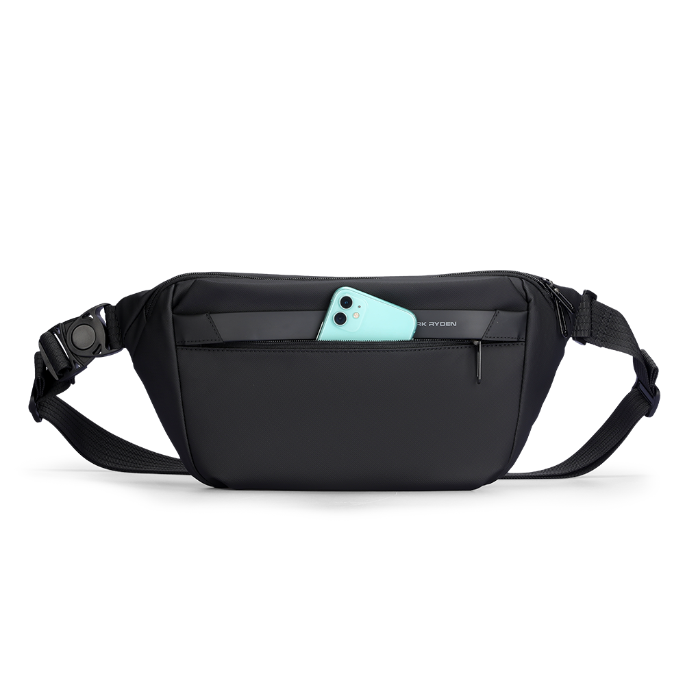 MarkRyden black waterproof crossbody bag with mint phone in pocket