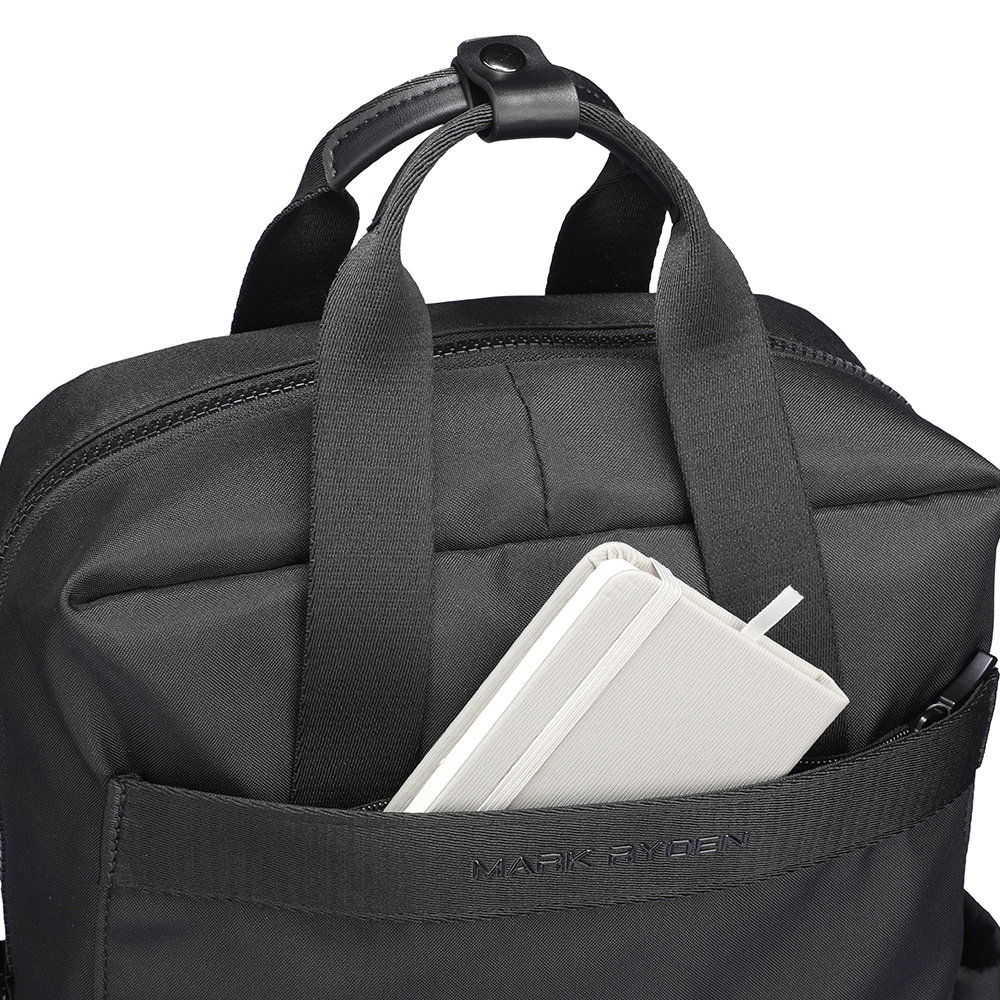 Mark Ryden BreezePack black anti-theft backpack with front pocket showing white item