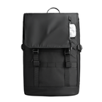 Black expandable multi-pocket multifunctional backpack with flap closure, adjustable straps, and zippered pocket holding earbuds.