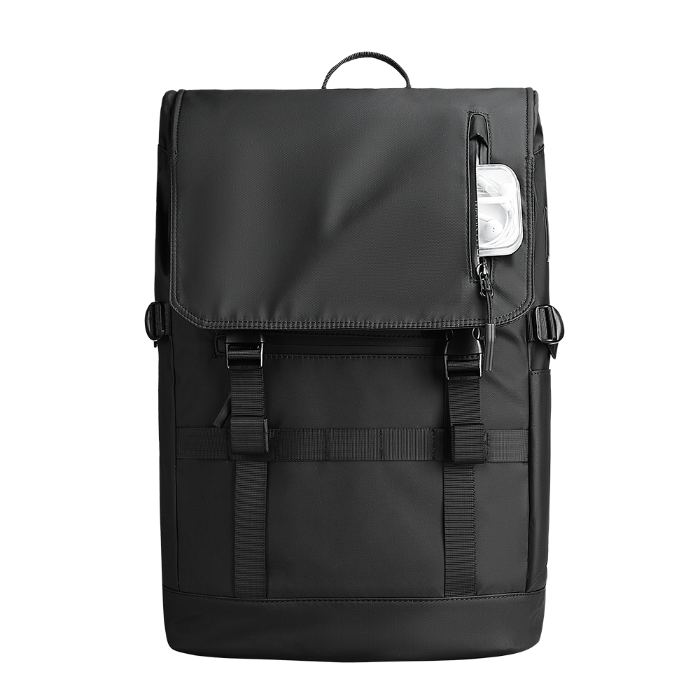 Black expandable multi-pocket multifunctional backpack with flap closure, adjustable straps, and zippered pocket holding earbuds.