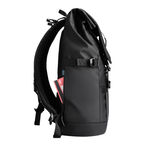 Black expandable multi-pocket multifunctional backpack with roll-top closure, front buckle, and zippered pocket holding a card – MarkRyden travel essential.