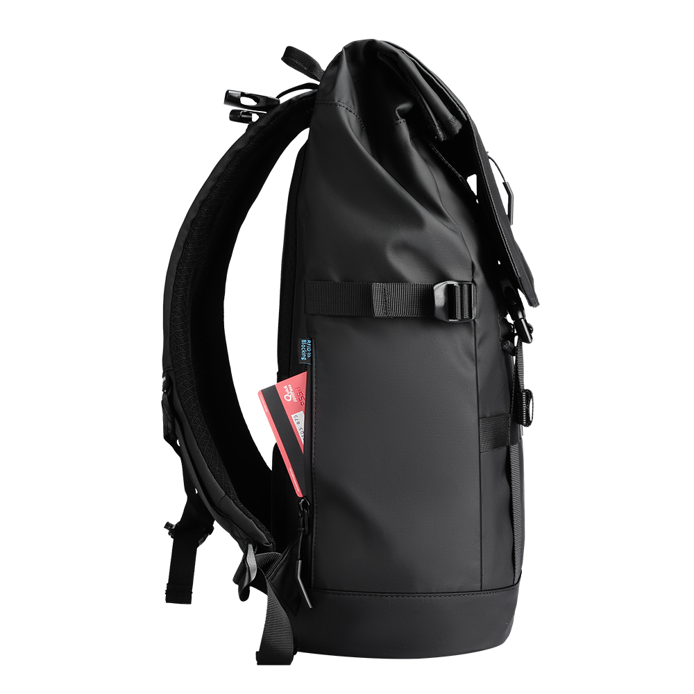 Black expandable multi-pocket multifunctional backpack with roll-top closure, front buckle, and zippered pocket holding a card – MarkRyden travel essential.