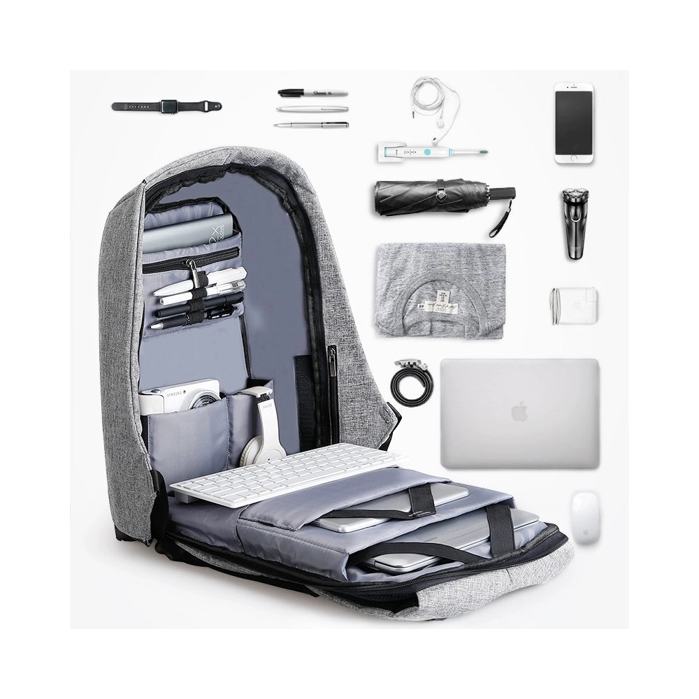MarkRyden gray anti-theft backpack with organized compartments, USB charging