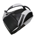 Mocchasio gray heather and black anti-theft backpack with USB charging port, padded straps, and top handle for secure travel.