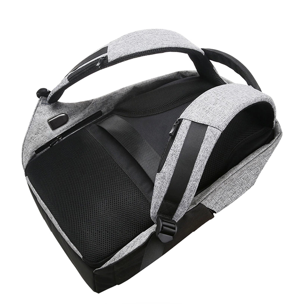 Mocchasio gray heather and black anti-theft backpack with USB charging port, padded straps, and top handle for secure travel.
