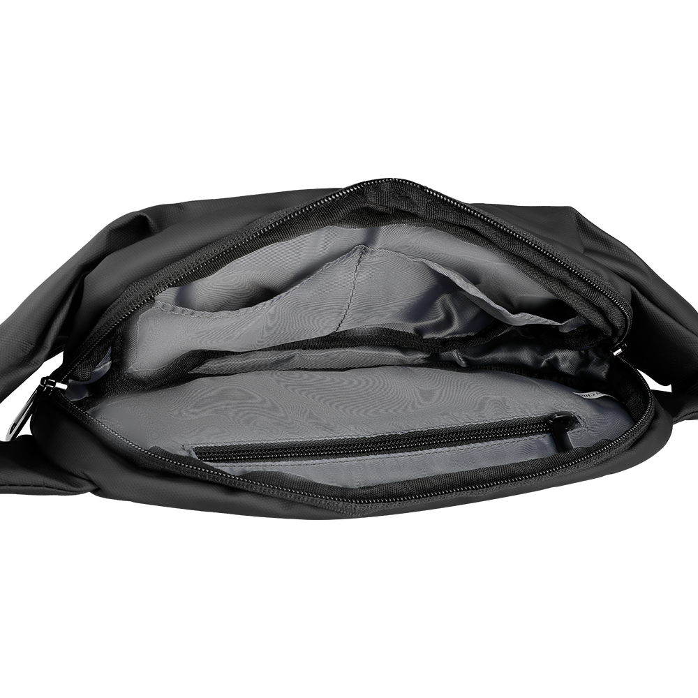 MarkRyden MetroFlex black crossbody bag interior with zippered compartments