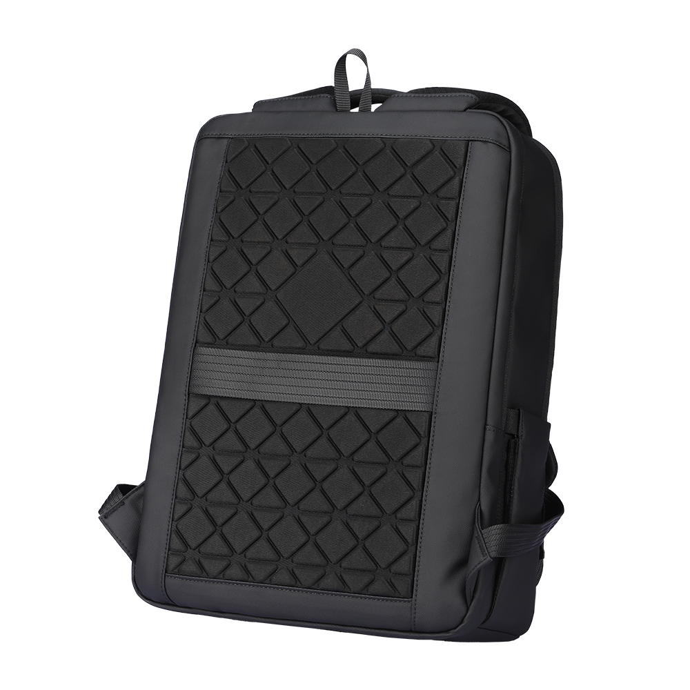 Black ChargeFlex smart backpack with textured diamond-patterned back panel, gray elastic band, and padded shoulder straps.