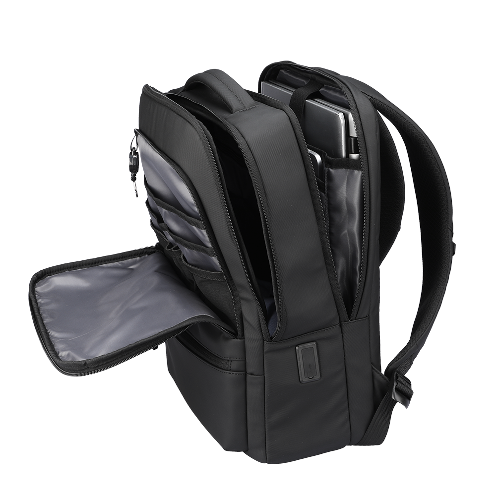 Black ChargeFlex smart backpack with multiple compartments, anti-theft design - MARKRYDEN